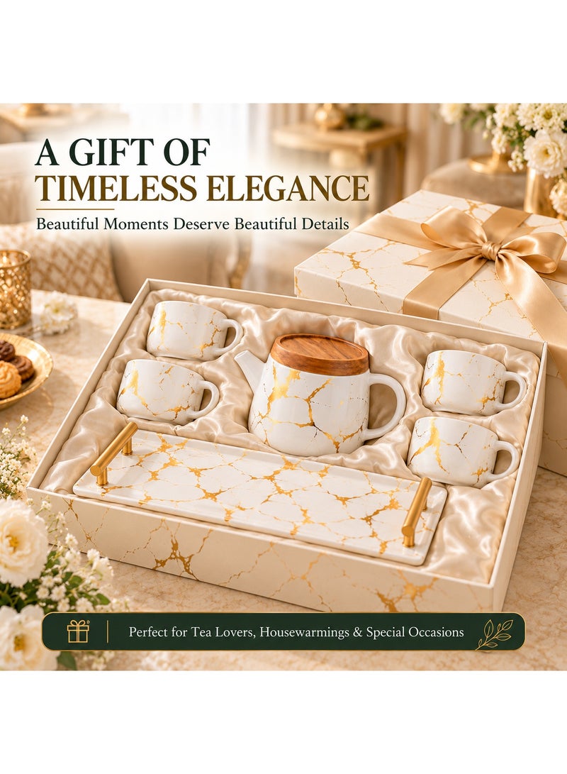 BERAM Ceramic Teapot Set Teapot 4 Cups and Tray Stylish Gold Marble Design Porcelain Tea Sets Scratch Resistant Decorative Tea Set with Gift Packaging Tea Party Set White and Gold - Image 1