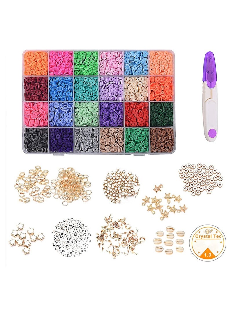 SYOSI 4800 Pcs Heishi Beads 6 mm, Polymer Clay Beads, Flat Round Beads for DIY Jewelry Making, Preppy Disc Beads with Elastic Cord for Bracelets Earring Necklaces, 24 Rainbow Colors - Image 1