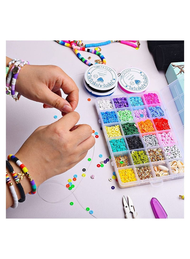 SYOSI 4800 Pcs Heishi Beads 6 mm, Polymer Clay Beads, Flat Round Beads for DIY Jewelry Making, Preppy Disc Beads with Elastic Cord for Bracelets Earring Necklaces, 24 Rainbow Colors - Image 2