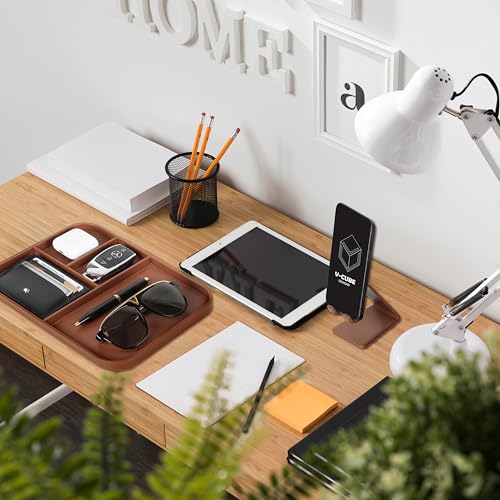 V-CUBE DESIGNS Rectangular Premium Vegan Leather Valet Tray|Stylish & Modern Office Desk Tray| Table/Bedside/Entryway Organiser For Everyday Essentials Like Keys, Phone, Watch, Wallet, Jewellery|Tan - Image 3