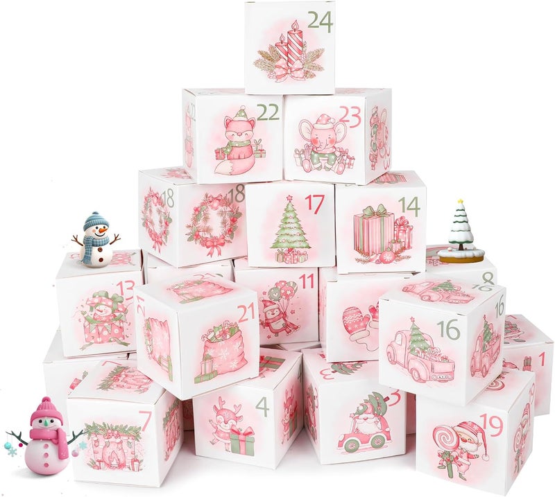Konsait 24Pcs Christmas Advent Calendar Boxes Pink Christmas Empty Advent Calendar Boxes Advent Calendar Boxes to Fill DIY Advent Calendar Gift Boxes for Christmas Holiday Present Wrapping Supplies - Image 1