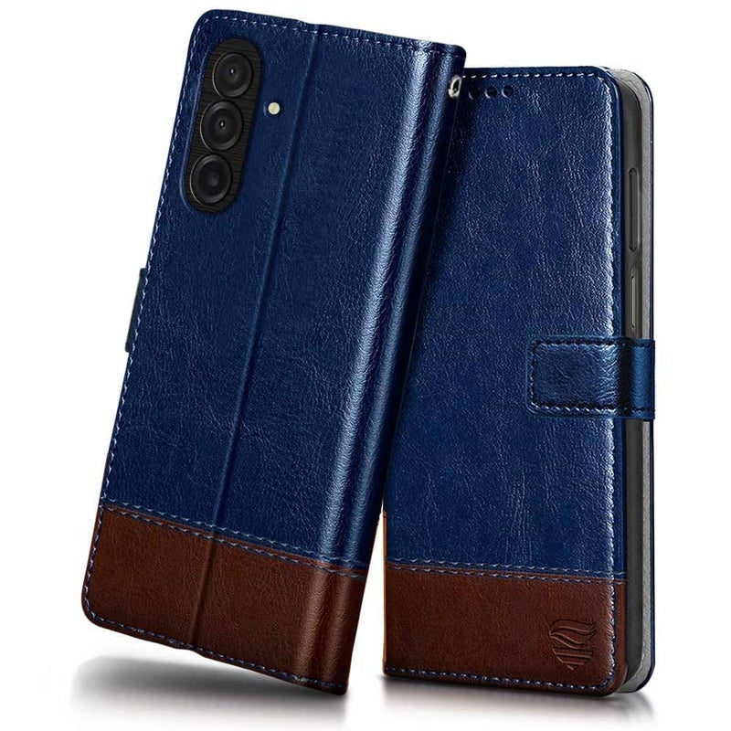 FLIPPED Vegan Leather Flip Case Back Cover for Samsung Galaxy M17 5G | A17 5G | F17 5G (Flexible, Shock Proof | Hand Stitched Leather Finish | Card Pockets Wallet & Stand | Blue with Brown) - Image 1