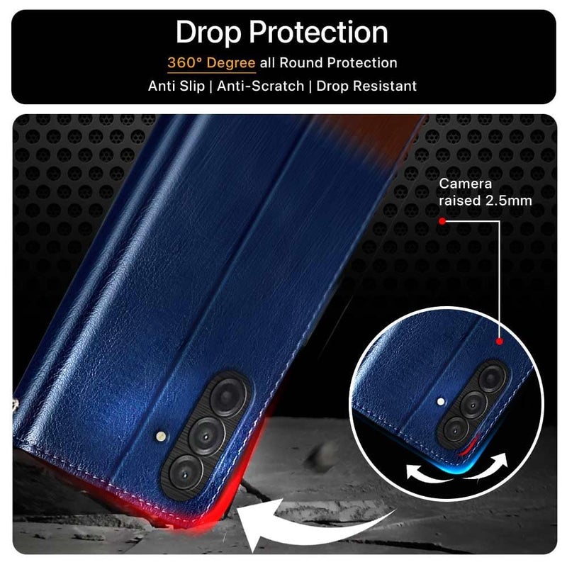 FLIPPED Vegan Leather Flip Case Back Cover for Samsung Galaxy M17 5G | A17 5G | F17 5G (Flexible, Shock Proof | Hand Stitched Leather Finish | Card Pockets Wallet & Stand | Blue with Brown) - Image 4
