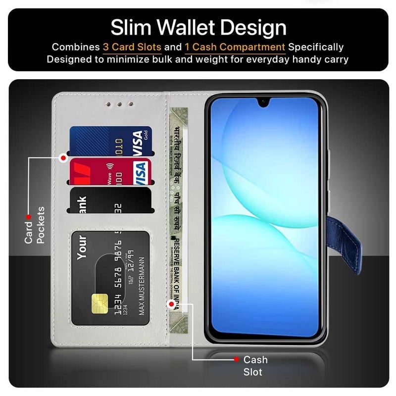 FLIPPED Vegan Leather Flip Case Back Cover for Samsung Galaxy M17 5G | A17 5G | F17 5G (Flexible, Shock Proof | Hand Stitched Leather Finish | Card Pockets Wallet & Stand | Blue with Brown) - Image 3