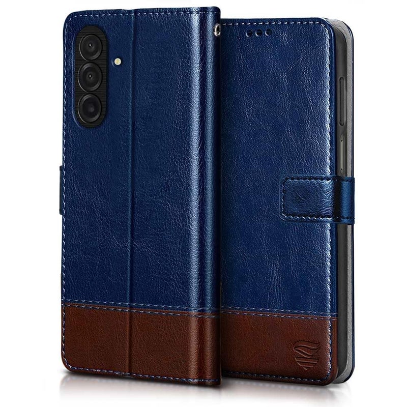 FLIPPED Vegan Leather Flip Case Back Cover for Samsung Galaxy M17 5G | A17 5G | F17 5G (Flexible, Shock Proof | Hand Stitched Leather Finish | Card Pockets Wallet & Stand | Blue with Brown) - Image 2