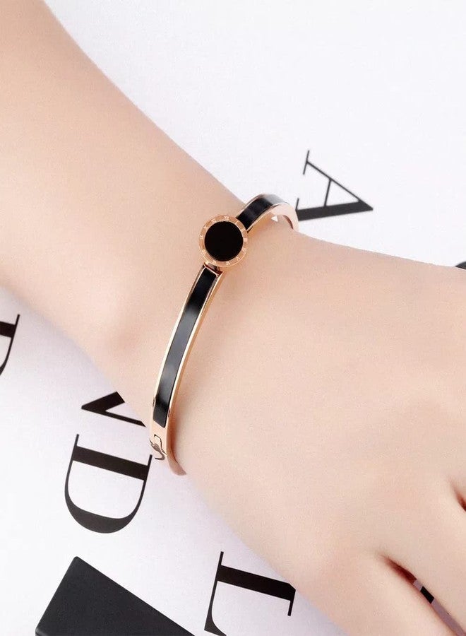 VIEN Fashion Stainless Steel Rose Gold Roman Single Round Digital Bangle,Women Jewelry Enamel Black Shell Bracelet - Image 2