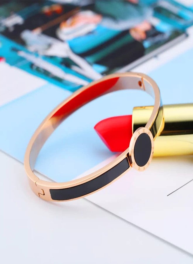 VIEN Fashion Stainless Steel Rose Gold Roman Single Round Digital Bangle,Women Jewelry Enamel Black Shell Bracelet - Image 3