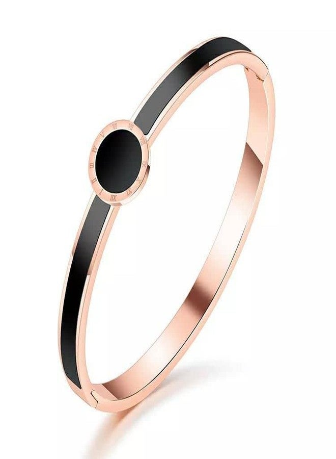 VIEN Fashion Stainless Steel Rose Gold Roman Single Round Digital Bangle,Women Jewelry Enamel Black Shell Bracelet - Image 1