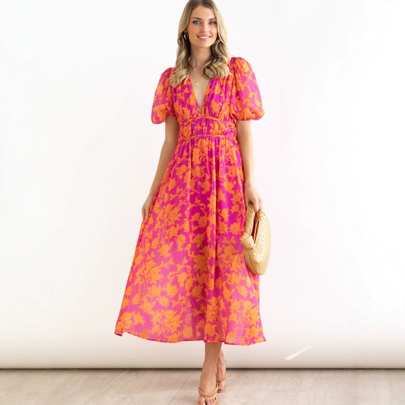 2026 Summer Floral Print V-Neck High Waist Bohemian Puff Sleeve Beach Maxi Dress - Image 1
