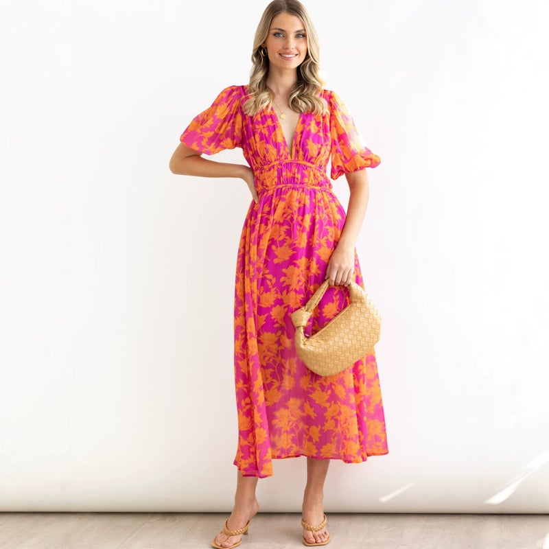 2026 Summer Floral Print V-Neck High Waist Bohemian Puff Sleeve Beach Maxi Dress - Image 2