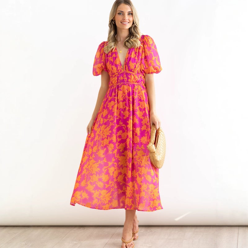 2026 Summer Floral Print V-Neck High Waist Bohemian Puff Sleeve Beach Maxi Dress - Image 4