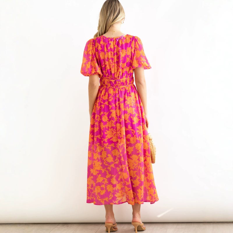 2026 Summer Floral Print V-Neck High Waist Bohemian Puff Sleeve Beach Maxi Dress - Image 5