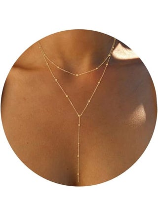 Necklace for Women, Dainty Long Necklace 14k Gold Plated Y-Shaped Pendant Necklace Trendy Layered Cz Beaded Chain Drop Necklaces Simple Gold Jewelry For Women Girls Gift