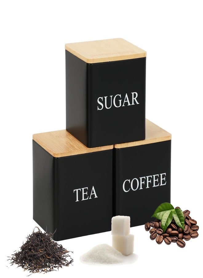 JIABEIUS 3 Pack 16oz Coffee Tea Sugar Container Set, Kitchen Canisters Set with Bamboo Lids, Stackable Food Storage Container Jars for Coffee Beans, Tea, Sugar, Flavourings, Cereals, Snacks (Black) - Image 1