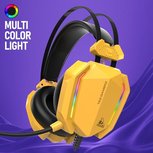 TAG Gamerz Titan RGB Yellow Over-Ear Gaming Wired Headphone | Soft Ear Cups | 50mm Neodymium Driver | 3.5mm Audio | 2m Cable | Flexible Mic for Calling | Suspension Headband | 3.5mm + USB Connector - Image 2