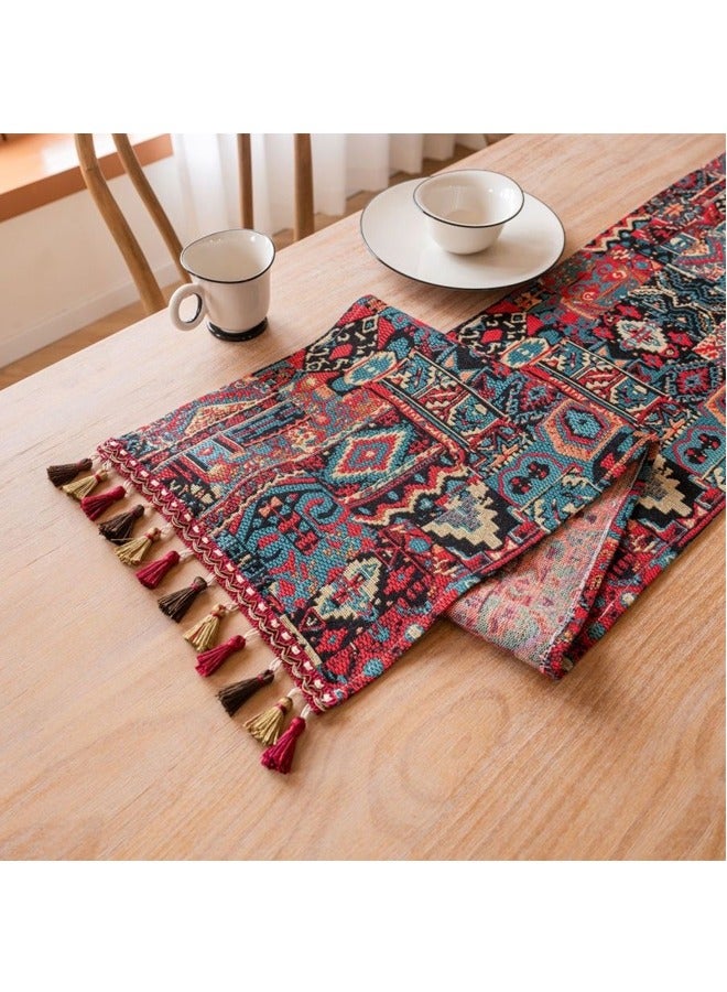 Nordic jacquard table runner holiday decoration table runner with tassels red 33*180cm  - Image 3