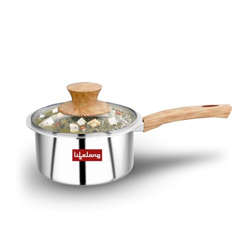 Lifelong TriPly 16 cm Sauce Pan for Cooking, 1.5 litres Sauce Pan with Glass Lid, Stainless Steel with Soft Touch Handle, Induction Bottom and Gas Stove Cookware - (Silver, LLTPSP20) - Image 1
