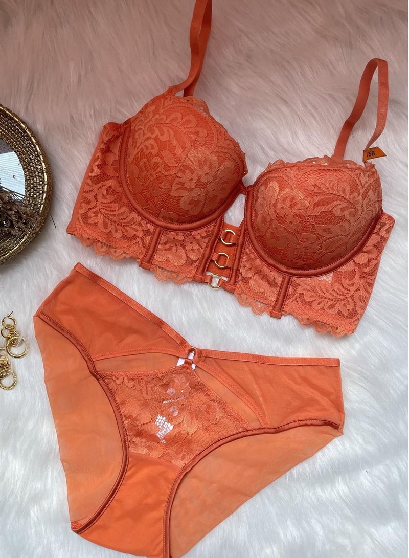 Loquat Breathable And Beautiful Lace Bra Panty Set Orange