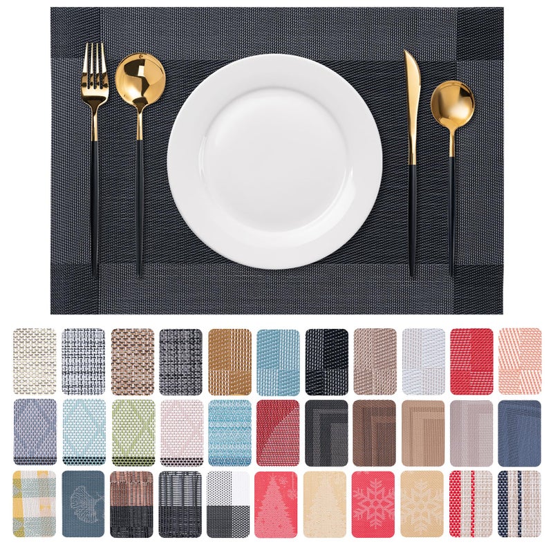 CADONO Placemats Set of 6 Washable Indoor/Outdoor Vinyl Place Mats for Dining Table Durable Non-Slip Heat Resistant PVC Weave Table Matsï¼ˆFour-Corner-Blackï¼‰ - Image 1
