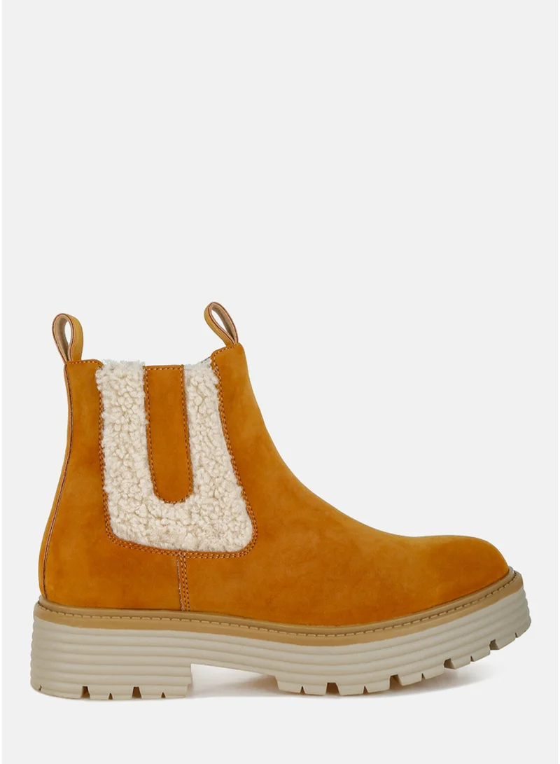 London Rag Women's Faux Fur Detail Chunky Ankle Boots in Tan