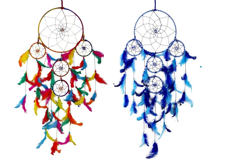 DULI Dream Catcher Combo Ying-Yang Concept Traditional Indian Dreamcatcher Wall Art for Bedrooms, Home Wall, Hanging Design, Wall Decor,Metal, Feathers Dreamcatcher (Big Blue-Big Multi Combo) - Image 1