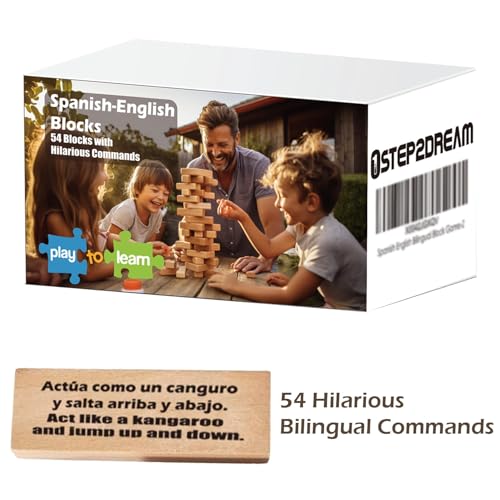 1step2dream Spanish Stacking Tower Game | Bilingual Block Game for Kids Adults | Perfect for Family, Classroom | 54 Hilarious Commands | Ideal Learning Board Game Gift - Image 3
