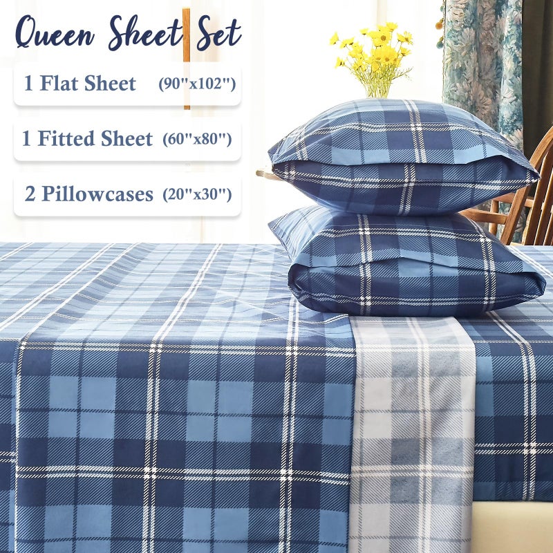 MICORAL Queen Sheet Set Plaid Patten  4-Piece Printed Sheets  Silky & Lightweight Bedding Set  16"" Deep Pocket  Ultra Soft & Cooling Sheet  Oeko-TEX Certified  Plaid Royal Blue - Image 3