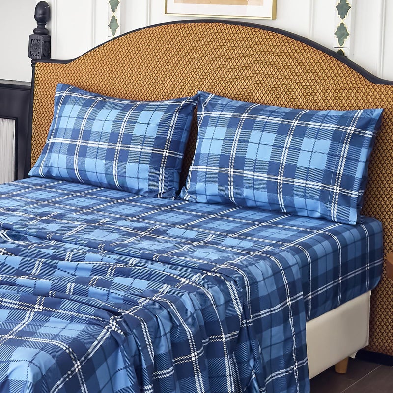 MICORAL Queen Sheet Set Plaid Patten  4-Piece Printed Sheets  Silky & Lightweight Bedding Set  16"" Deep Pocket  Ultra Soft & Cooling Sheet  Oeko-TEX Certified  Plaid Royal Blue - Image 1