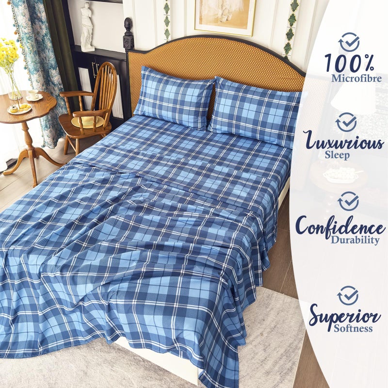 MICORAL Queen Sheet Set Plaid Patten  4-Piece Printed Sheets  Silky & Lightweight Bedding Set  16"" Deep Pocket  Ultra Soft & Cooling Sheet  Oeko-TEX Certified  Plaid Royal Blue - Image 4