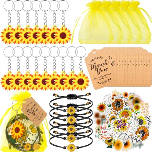 Tuanse 130 Pcs Sunflower Party Favors Including Sunflower Keychains Adjustable Bracelets PVC Stickers Thank You Kraft Tags Organza Bags for Summer Birthday Party Decoration Gift Wedding Reward - Image 1