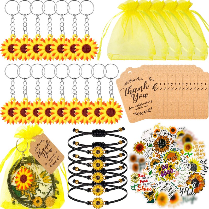 Tuanse 130 Pcs Sunflower Party Favors Including Sunflower Keychains Adjustable Bracelets PVC Stickers Thank You Kraft Tags Organza Bags for Summer Birthday Party Decoration Gift Wedding Reward - Image 2