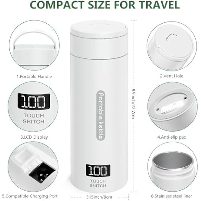 INGUNAR Portable Electric Kettle For Travel 500Ml Stainless Steel Electric Kettle For Coffee Milk Tea Small Hot Water Boiler With Auto ShutOff 4 Variable Presets Boil Dry Protection White - Image 2
