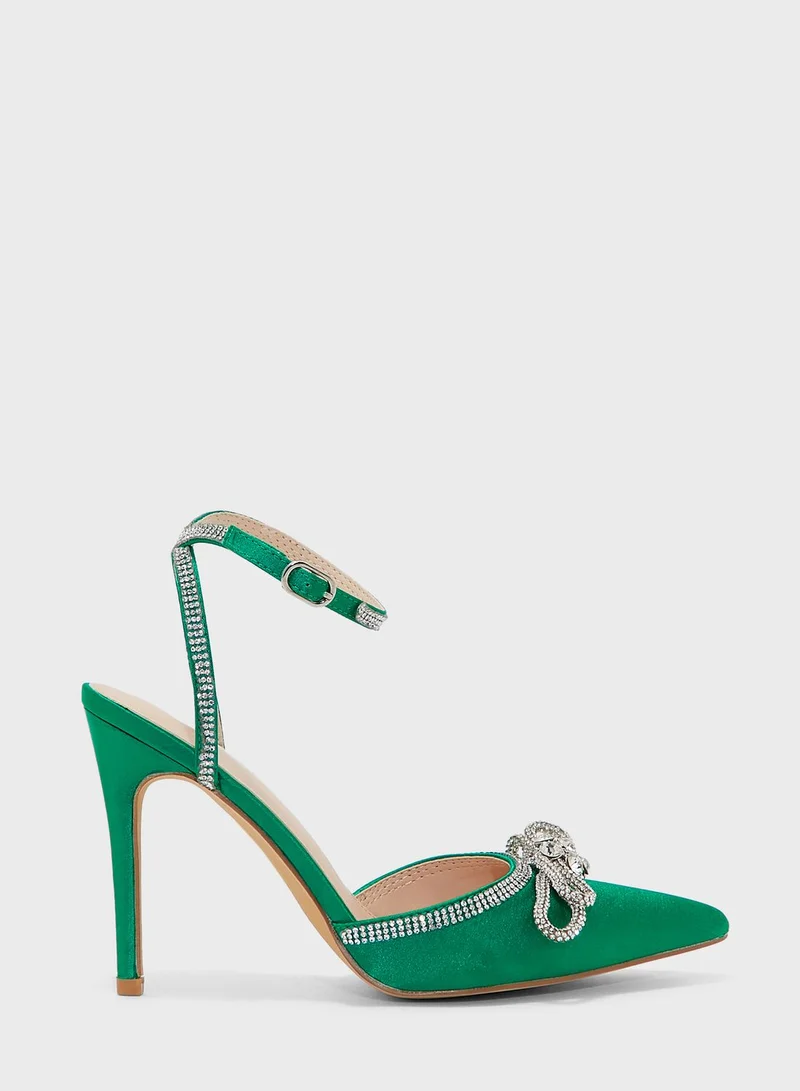 Truffle Satin Diamante Bow And Trim Pointed Pump