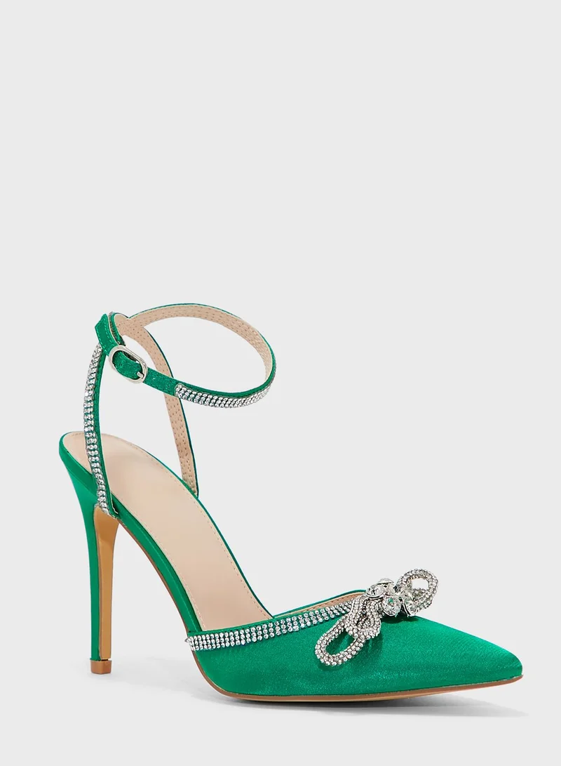 Truffle Satin Diamante Bow And Trim Pointed Pump