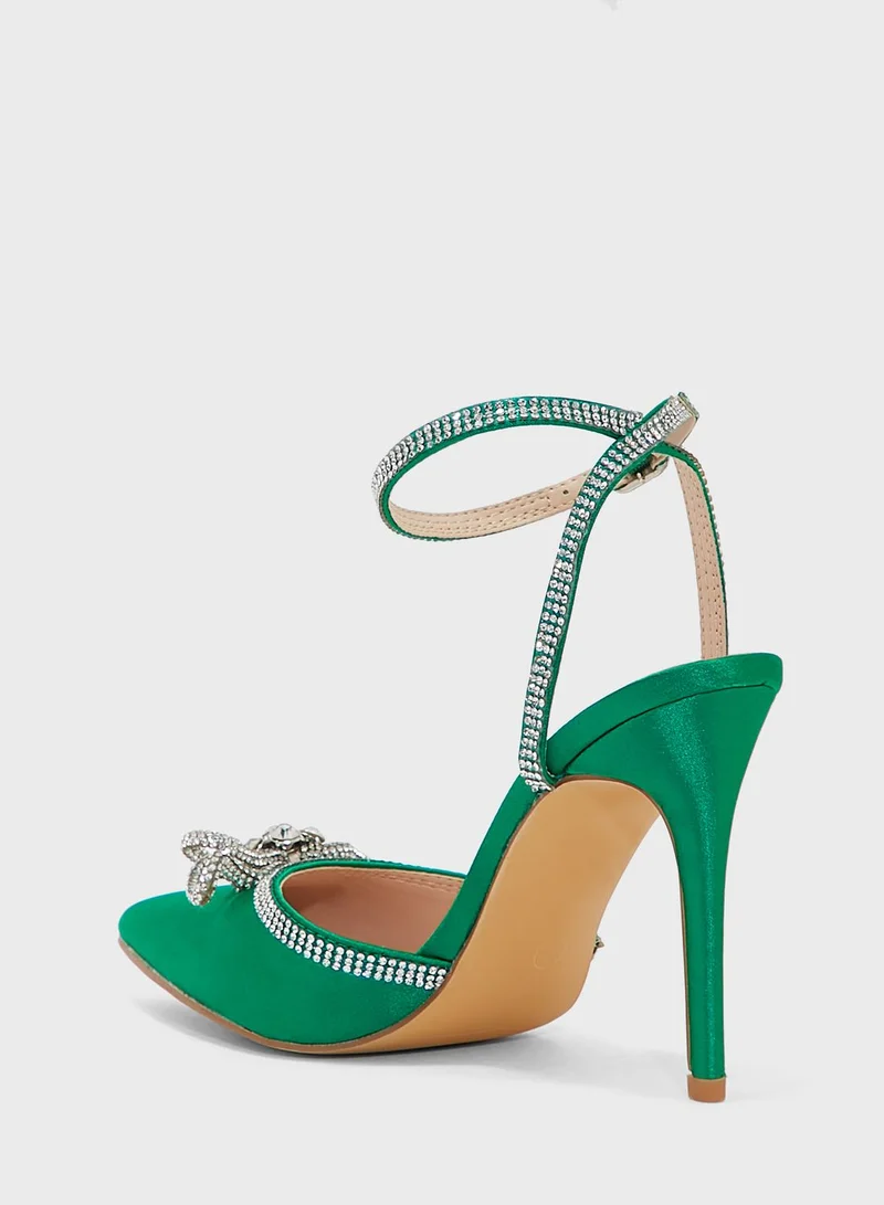 Truffle Satin Diamante Bow And Trim Pointed Pump