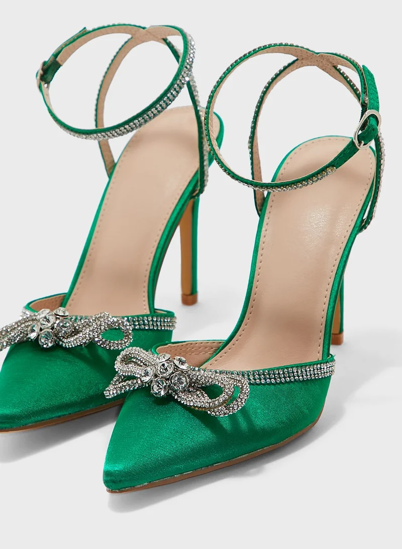 Truffle Satin Diamante Bow And Trim Pointed Pump