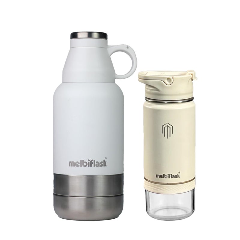 Melbify Elder Bundle Flask with Snack Compartment 1000 ml Mini Flask 500 ml Pack of 2 Stainless Steel Hot 12 Hrs Cold 24 Hrs Water Bottle Ideal for Office Gym Home Travel