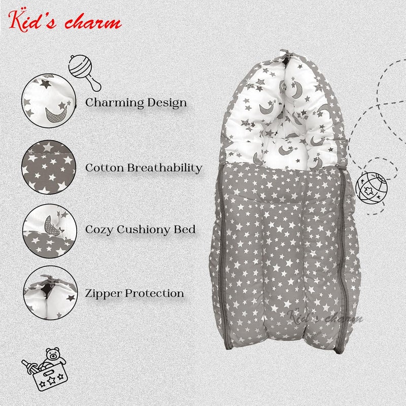 Kid's Charm سرير الأطفال تشارم قمر النجوم 3 في 1 سرير قطن للأطفال وسرير محمول حقيبة نوم مطبوعة للأطفال سرير أطفال محمول للرضع للذكور والإناث خفيف الوزن وسهل الحمل للمواليد 04 أشهر رمادي - Image 4