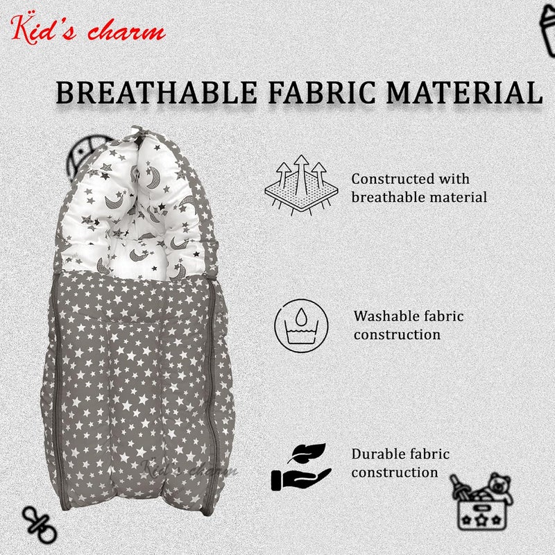 Kid's Charm سرير الأطفال تشارم قمر النجوم 3 في 1 سرير قطن للأطفال وسرير محمول حقيبة نوم مطبوعة للأطفال سرير أطفال محمول للرضع للذكور والإناث خفيف الوزن وسهل الحمل للمواليد 04 أشهر رمادي - Image 5