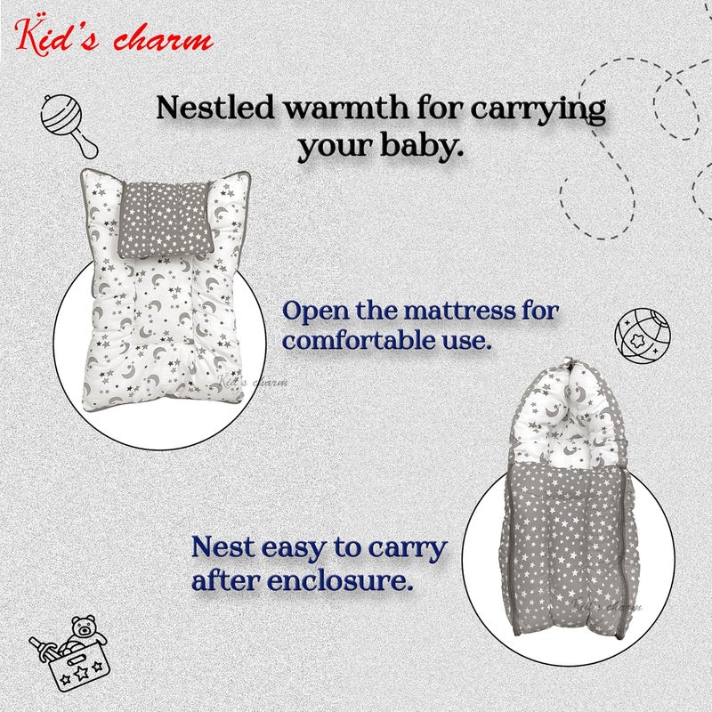 Kid's Charm سرير الأطفال تشارم قمر النجوم 3 في 1 سرير قطن للأطفال وسرير محمول حقيبة نوم مطبوعة للأطفال سرير أطفال محمول للرضع للذكور والإناث خفيف الوزن وسهل الحمل للمواليد 04 أشهر رمادي - Image 3