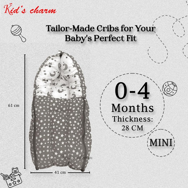 Kid's Charm سرير الأطفال تشارم قمر النجوم 3 في 1 سرير قطن للأطفال وسرير محمول حقيبة نوم مطبوعة للأطفال سرير أطفال محمول للرضع للذكور والإناث خفيف الوزن وسهل الحمل للمواليد 04 أشهر رمادي - Image 2