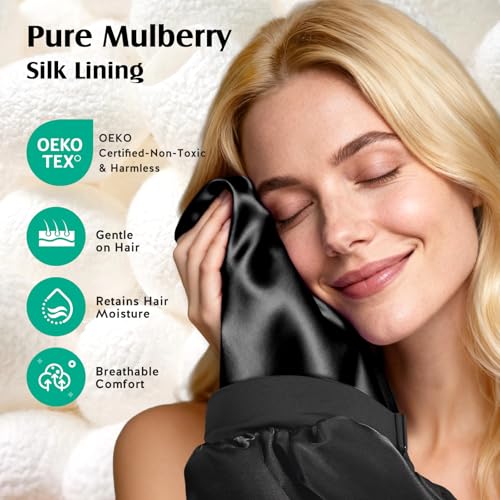 YFONG Real Mulberry Silk Bonnet Double Layer Silk Lined Bonnet for Sleeping Women Men Double Layer Adjustable NonSlip Sleep Cap Black - Image 3