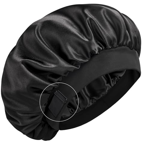 YFONG Real Mulberry Silk Bonnet Double Layer Silk Lined Bonnet for Sleeping Women Men Double Layer Adjustable NonSlip Sleep Cap Black - Image 1