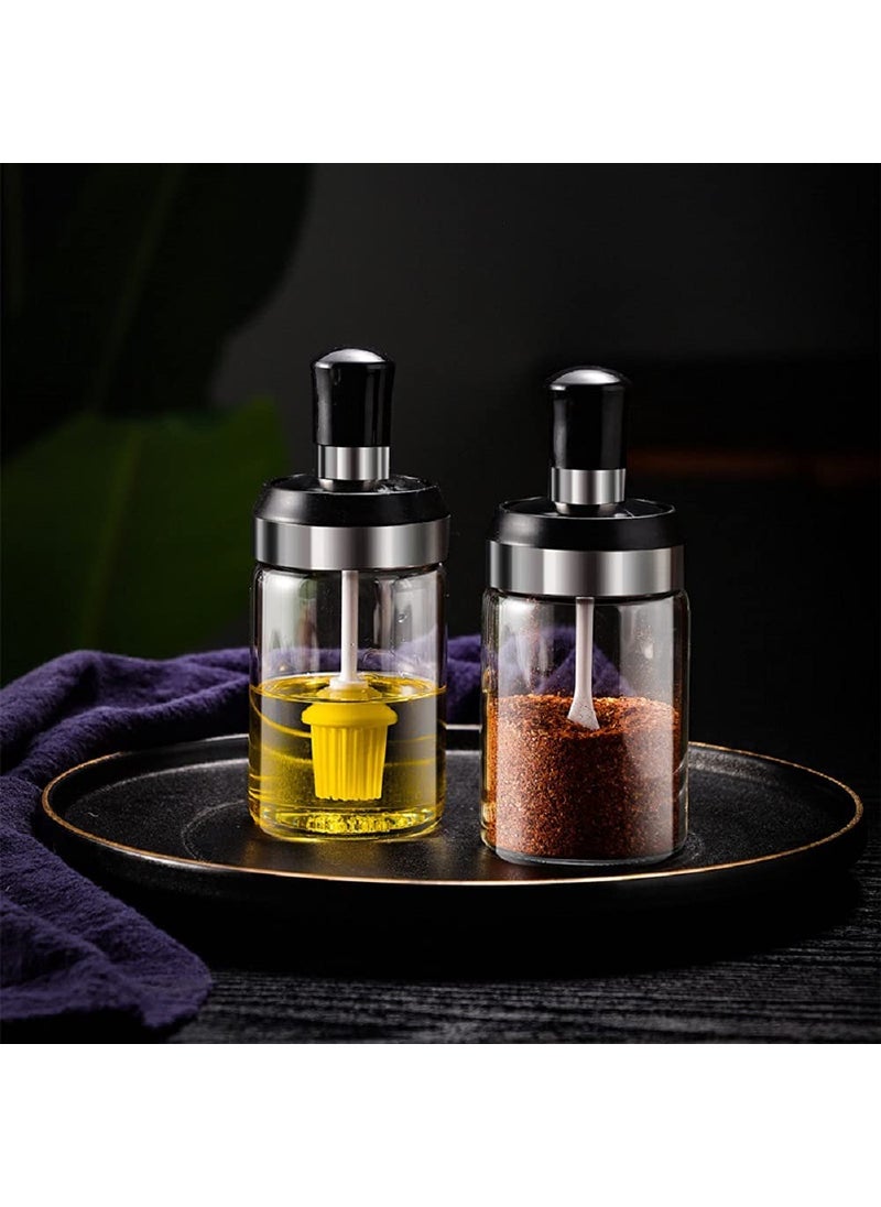 BLINE BLINE Borosilicate Glass Food Storage Spice Salt Sugar Condiment Jar with Spoon and Olive Oil Bottle with Brush Combo for Kitchen Restaurants Airtight Cap Transparent Pack of 2  - Image 1