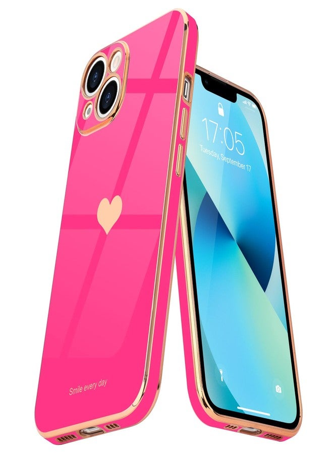 Teageo جراب هاتف Teageo متوافق مع iPhone 13 للنساء والفتيات، بتصميم قلب لطيف فاخر مطلي بالترتر، غطاء خلفي ناعم، حماية كاملة للكاميرا، جراب سيليكون مقاوم للصدمات لهاتف iPhone 13، لون وردي فاقع - Image 1