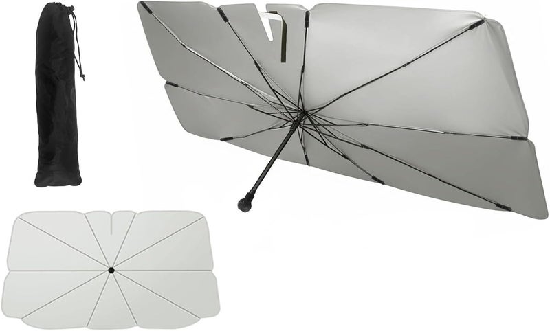 MQUPIN 145x79cm Windshield Sun Shade, 10-Rib Titanium Silver UV Heat Block Car Sunshade with Ergonomic Handle & Storage Holster, Foldable Interior Protection Sun Shield for Sedan SUV Truck Van - Image 1
