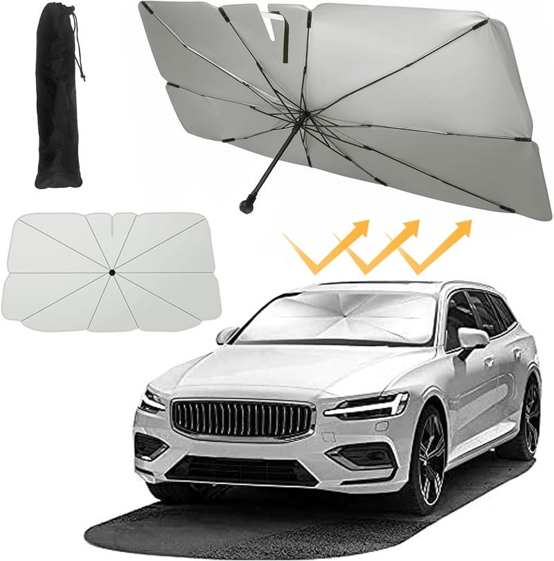 MQUPIN 145x79cm Windshield Sun Shade, 10-Rib Titanium Silver UV Heat Block Car Sunshade with Ergonomic Handle & Storage Holster, Foldable Interior Protection Sun Shield for Sedan SUV Truck Van - Image 2