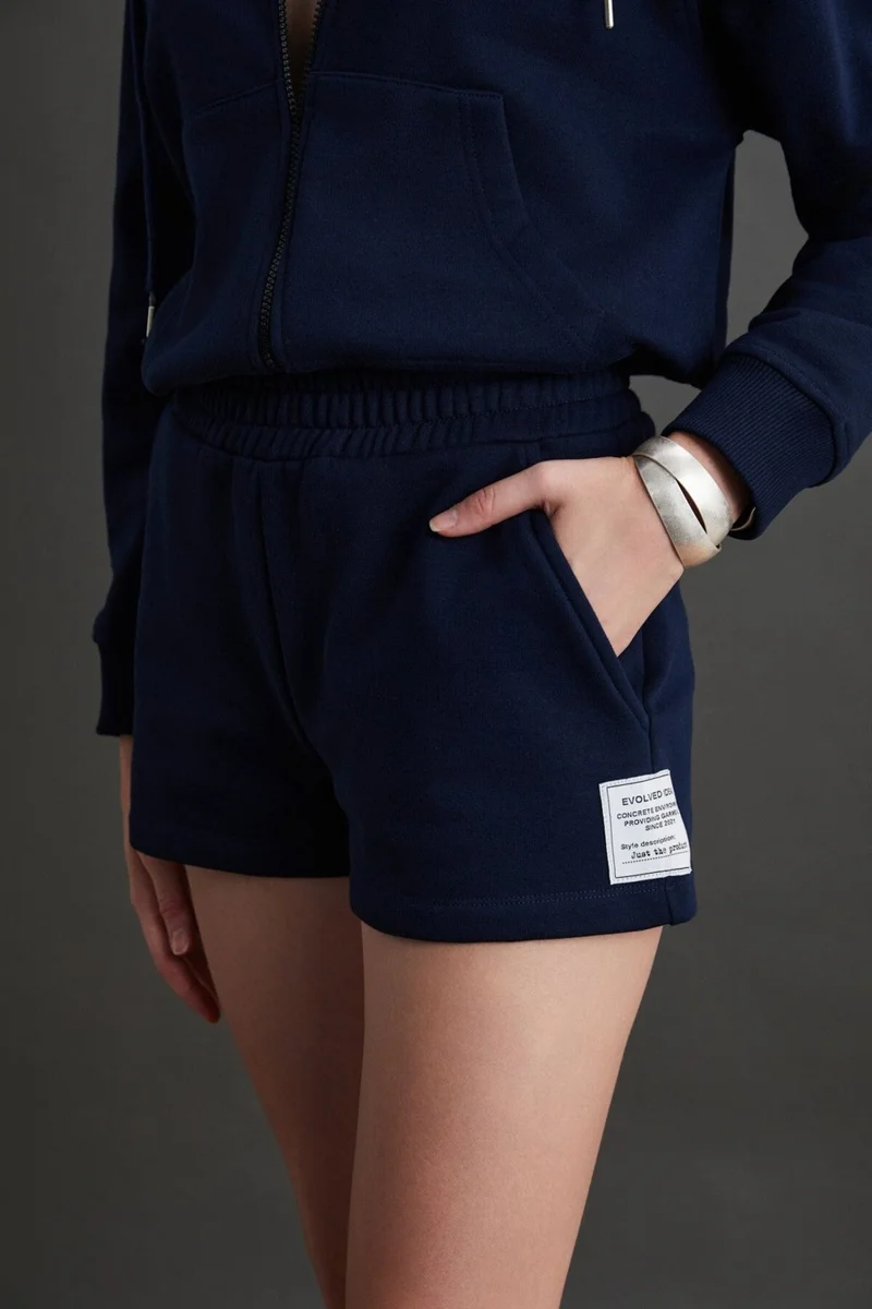 GRIMELANGE Danixa Women's 3 Yarn Ribbed Decorative Label Detailed Mini Navy Blue Shorts