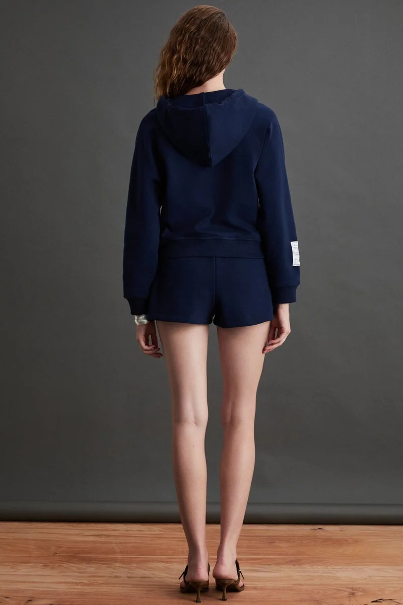 GRIMELANGE Danixa Women's 3 Yarn Ribbed Decorative Label Detailed Mini Navy Blue Shorts