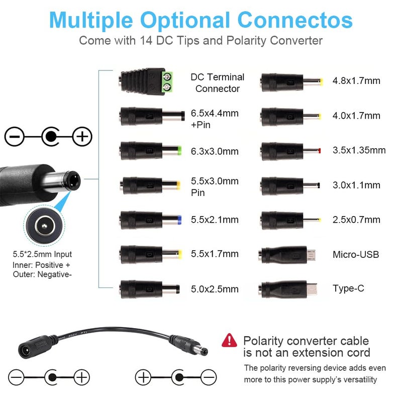 Wefomey مزود طاقة عالمي 3V~24V 6A 144W قابل للتعديل متغير 3V 5V 9V 12V 18V 20V 24V محول شاحن AC/DC ، 100V-240V AC إلى DC مع 14 رأس ، محول قطبية وكابل تقسيم طاقة 4 طرق - Image 4
